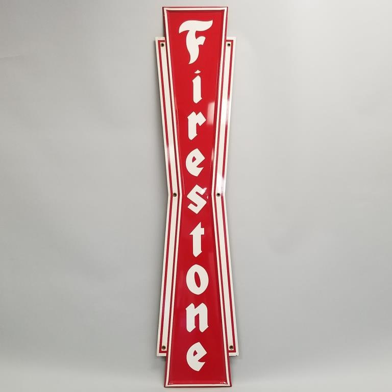 Firestone advertising sign with authentication on reverse- 71 1/2"H 15 1/2"W (1 of 12)