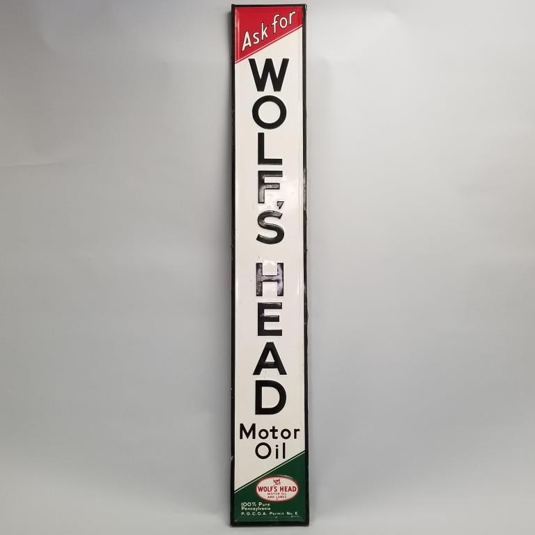 Wolf's Head Motor Oil advertising sign- 82"H 12"W: Wolf's Head Motor Oil advertising sign- 82"H 12"W