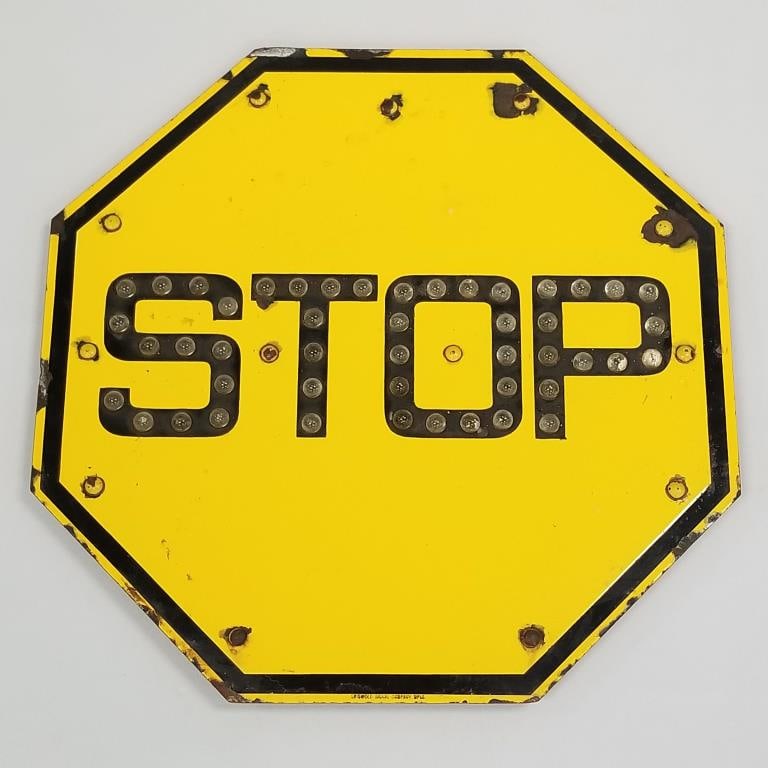 Yellow porcelain stop sign with reflectors- 24"H 24"W (1 of 17)