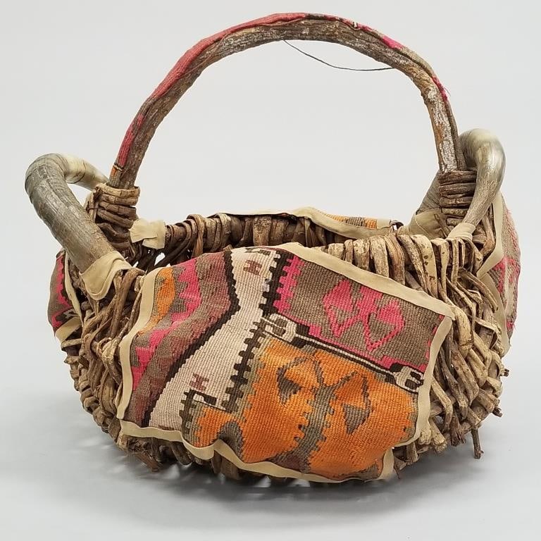 Large woven basket with horn handles & textile embellishments- 25"H 26"W 24"D (1 of 11)