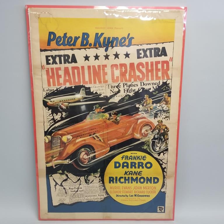 "Headline Crasher" original vintage movie poster in plasti-pak frame (as seen- stains, creases,: "Headline Crasher" original vintage movie poster in plasti-pak frame (as seen- stains, creases, etc.) 42"H 28"W