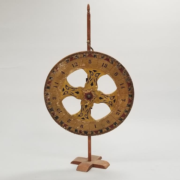 Vintage painted gaming wheel on wooden stand (nails bent) 54 1/2"H 29 1/2"D (1 of 19)