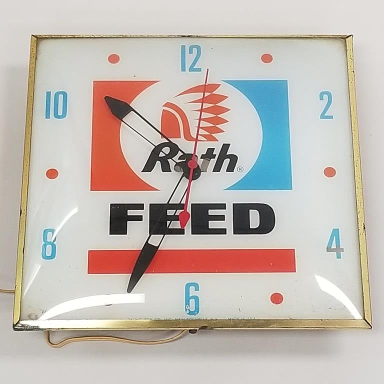 Rath Feed advertising clock- Pam Clock Co.- 15 1/4"H 15 1/4"W 4"D (1 of 12)