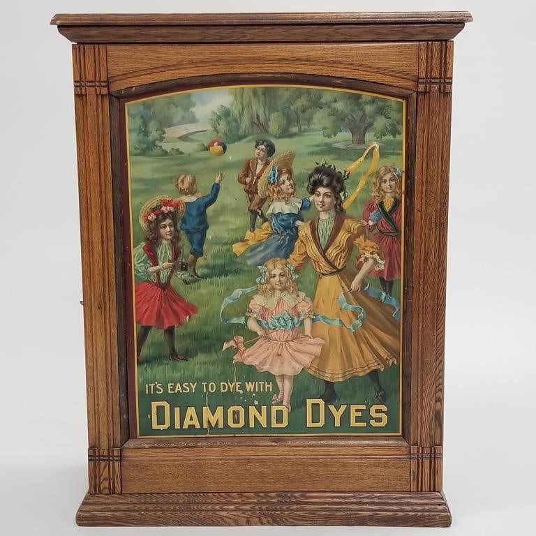Diamond Dyes advertising cabinet with embossed tin- 30"H 23"W 10"D: Diamond Dyes advertising cabinet with embossed tin- 30"H 23"W 10"D