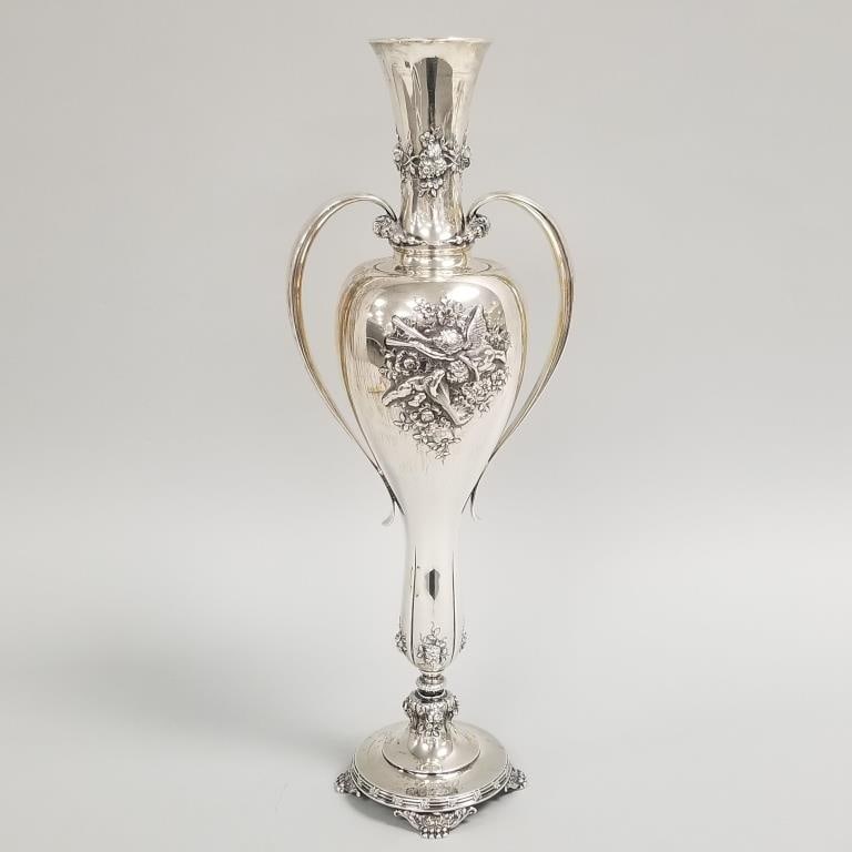 Large Tiffany & Co. sterling silver vase- 35 toz with handles, putti motif & monogrammed- 17 3/4"H 6: Large Tiffany & Co. sterling silver vase- 35 toz with handles, putti motif & monogrammed- 17 3/4"H 6 1/4"W