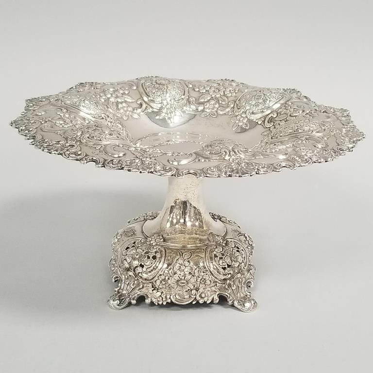 Tiffany & Co. sterling silver compote/ tazza- 18 toz with pierced repousse floral motif- 4 3/4"H 9"D (1 of 16)