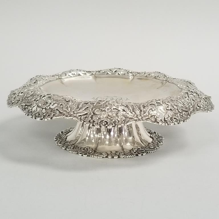 Tiffany & Co. sterling silver tazza- 16 toz with pierced border & monogrammed- 2 1/2"H 8 1/4"D: Tiffany & Co. sterling silver tazza- 16 toz with pierced border & monogrammed- 2 1/2"H 8 1/4"D