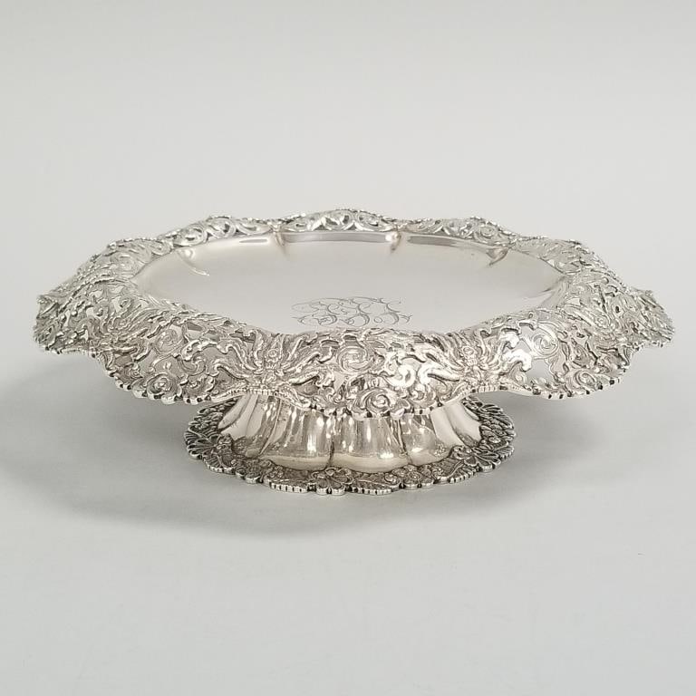 Tiffany & Co. sterling silver tazza- 16 toz with pierced border & monogrammed- 2 1/4"H 8 1/4"D: Tiffany & Co. sterling silver tazza- 16 toz with pierced border & monogrammed- 2 1/4"H 8 1/4"D