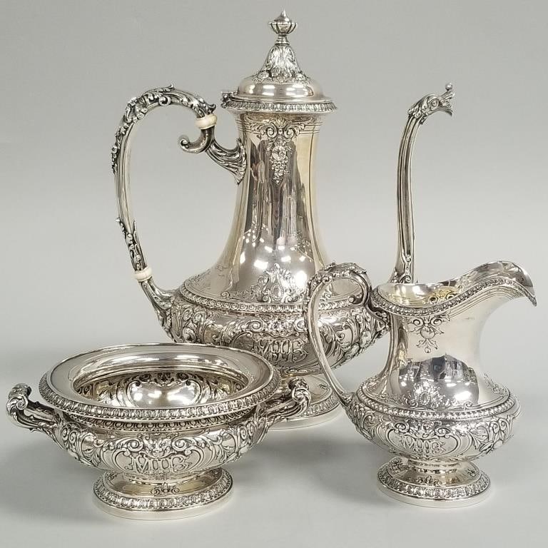3-piece Gorham sterling silver coffee set- 48 toz with lion heads, fruit motif, Northwind handle &: 3-piece Gorham sterling silver coffee set- 48 toz with lion heads, fruit motif, Northwind handle & repousse monogrammed- 10 1/2"H 9"W 5"D largest