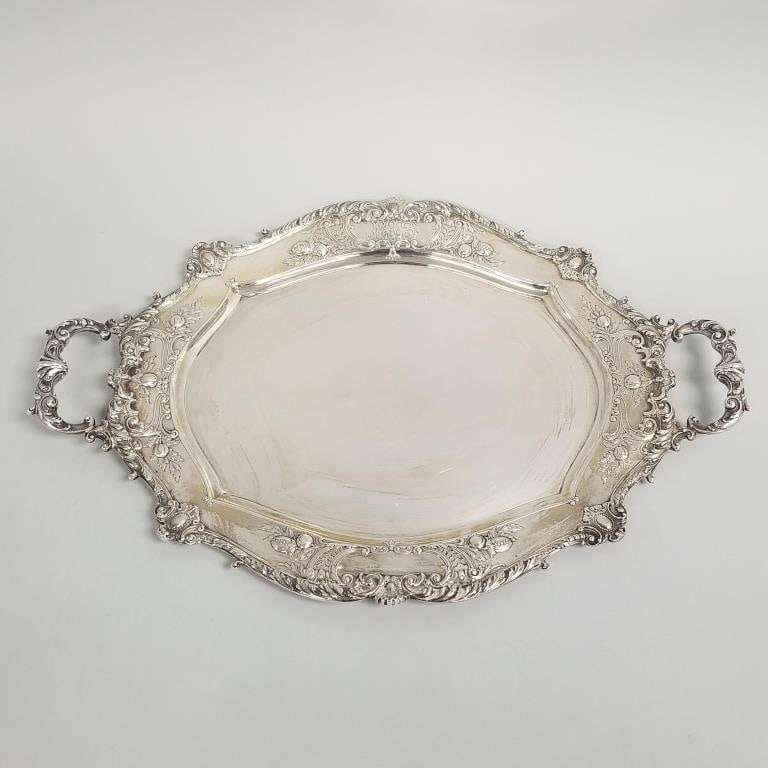 Ornate Gorham sterling silver tray- 60 toz with fruit motif & monogrammed- 21"L 14"W: Ornate Gorham sterling silver tray- 60 toz with fruit motif & monogrammed- 21"L 14"W