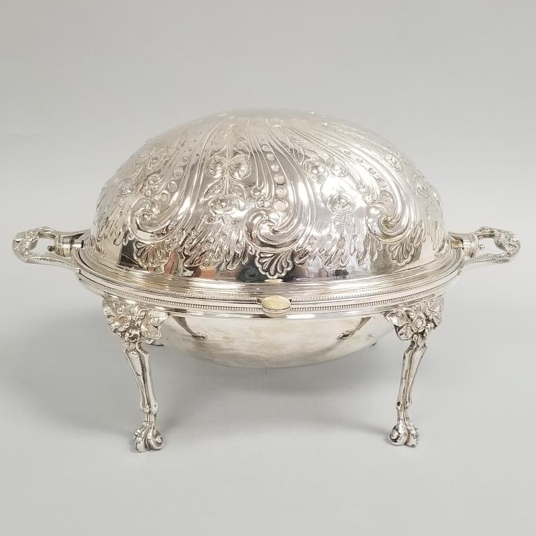 Large antique silverplate domed roll-top serving dish- 9 1/2"H 15"W 10 1/4"D (1 of 15)