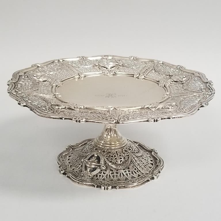Shreve & Co. sterling silver "Adam" tazza- 30 toz with monogram & dates 1892/1917- 5"H 11 1/4"D: Shreve & Co. sterling silver "Adam" tazza- 30 toz with monogram & dates 1892/1917- 5"H 11 1/4"D