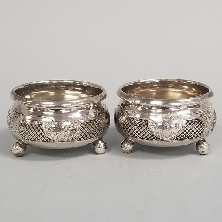 Pair Russian 84 silver salts with niello design- 4 toz- marked B.C. 1872- 1 5/8"H 2 5/8"D (1 of 9)