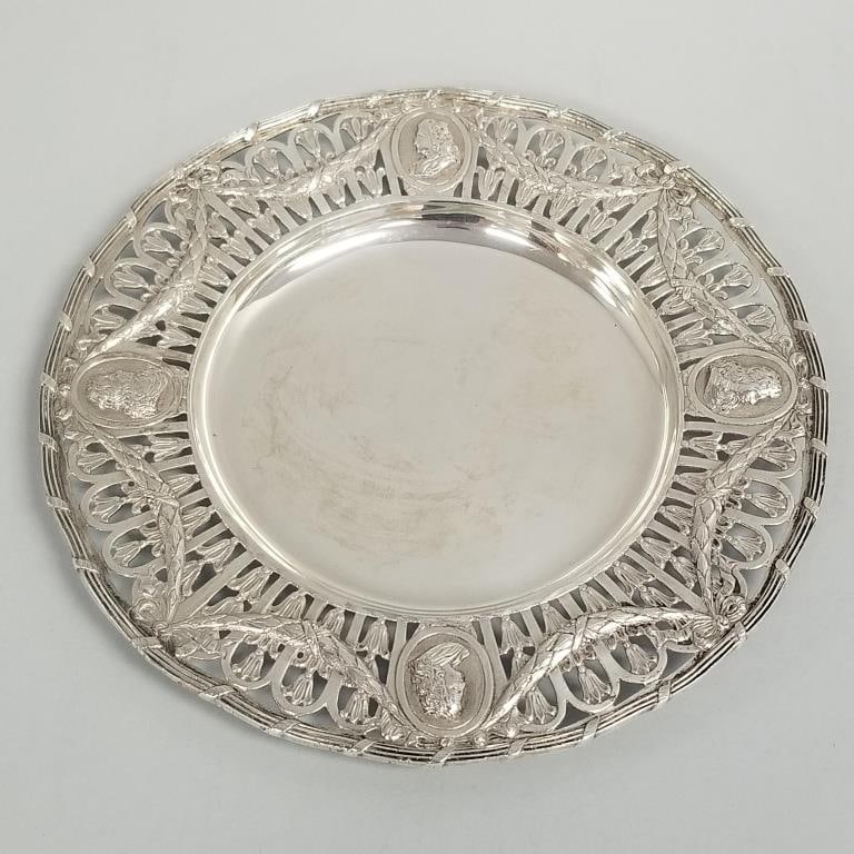 Hanau 800 silver dish- 10 toz with ornate pierced border & portrait medallions- 8 1/2"D: Hanau 800 silver dish- 10 toz with ornate pierced border & portrait medallions- 8 1/2"D