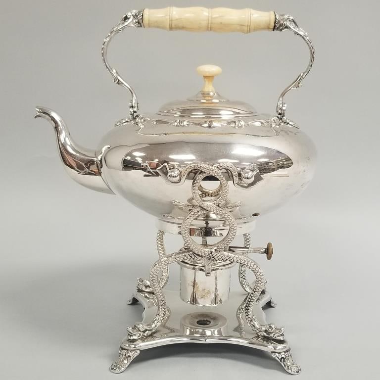 Large antique silverplate tilting kettle on stand with snake motif- 14"H- with handle up (minor: Large antique silverplate tilting kettle on stand with snake motif- 14"H- with handle up (minor dents to top) 10 1/2"W 11 1/2"D