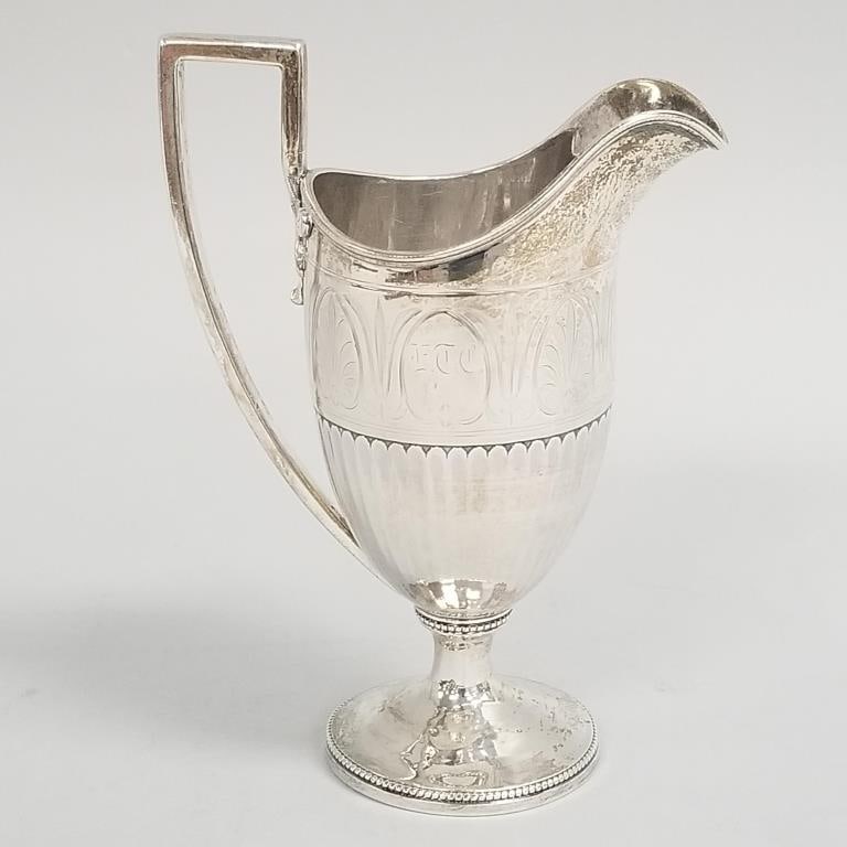 Wm Gale Jr sterling silver cream jug- 10 toz (as seen- repair to stem, dent, monogrammed) 7 3/8"H 5: Wm Gale Jr sterling silver cream jug- 10 toz (as seen- repair to stem, dent, monogrammed) 7 3/8"H 5 3/8"W 3 1/4"D