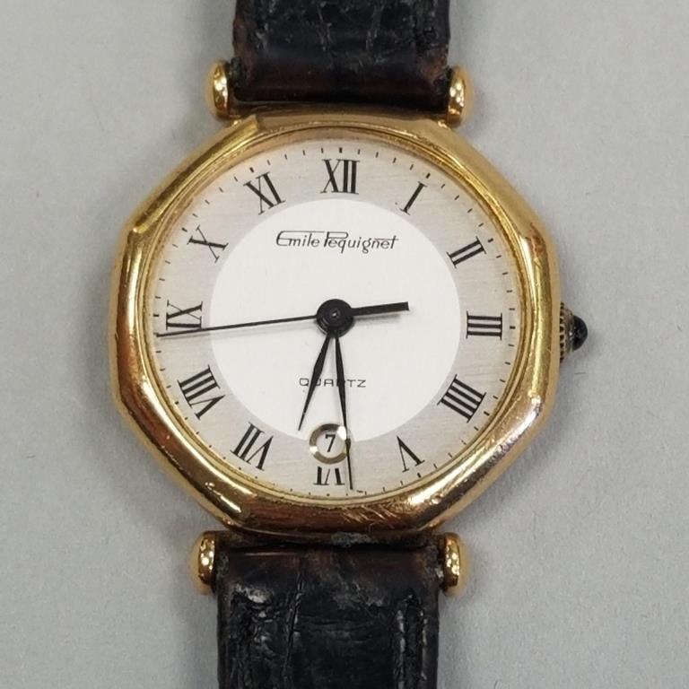 Emile Pequignet octagonal case ladies wristwatch quartz with date in box with papers (not currently: Emile Pequignet octagonal case ladies wristwatch quartz with date in box with papers (not currently running- needs battery?)