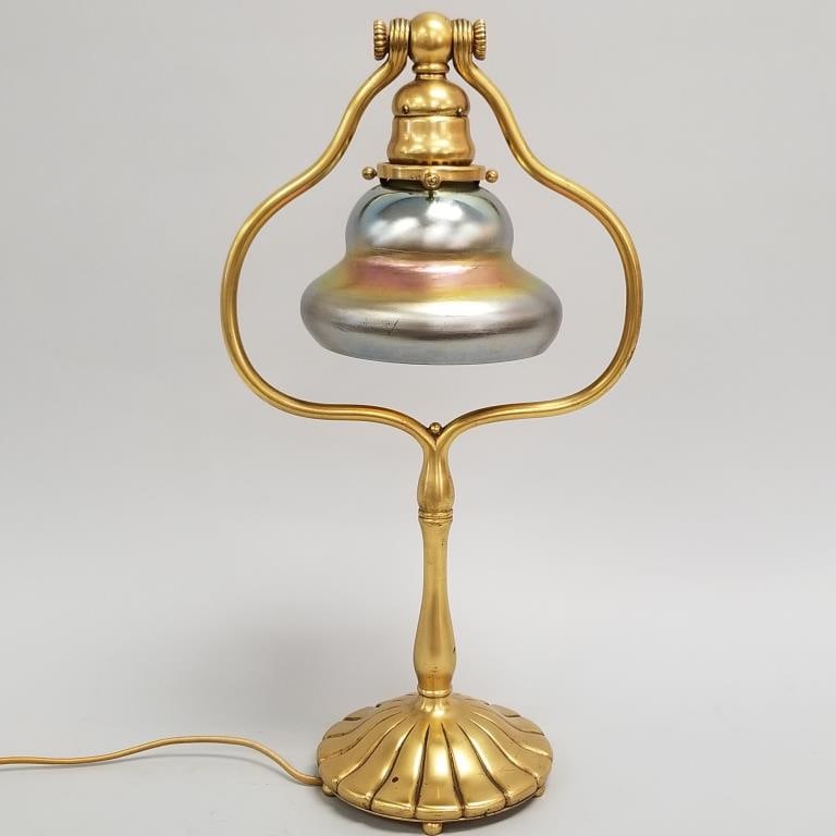 Tiffany Studios- New York- table lamp (model 424) with signed L.C.T. art glass shade (finish wear): Tiffany Studios- New York- table lamp (model 424) with signed L.C.T. art glass shade (finish wear) 17 3/4"H 9 1/2"W 6"D