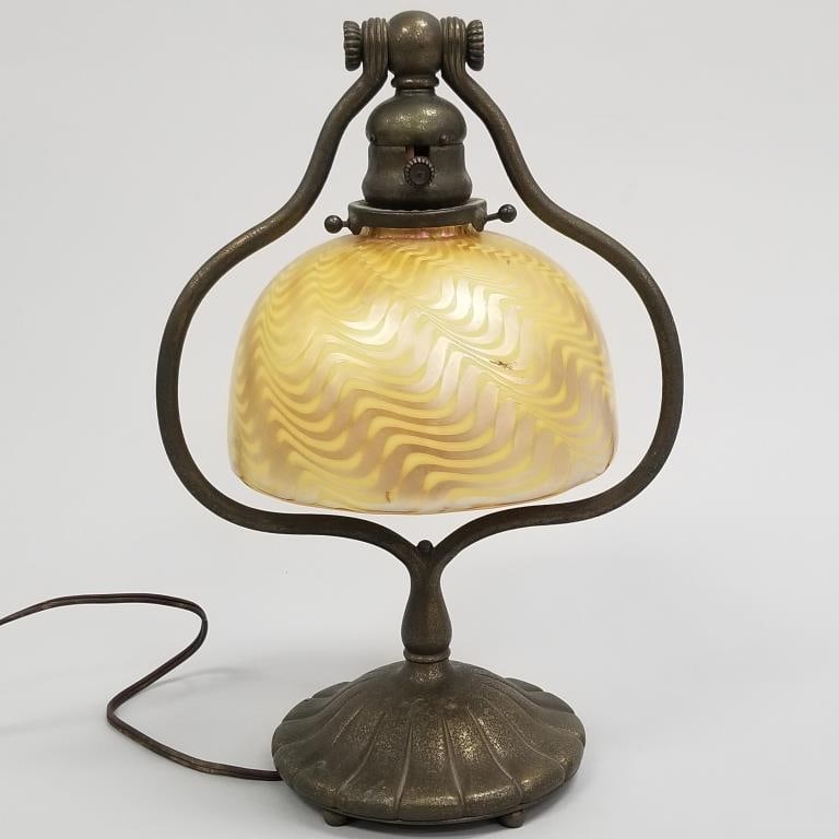 Tiffany Studios #419 dore desk harp lamp with signed contemporary Zephyr 1982, shade- 13 1/2"H 9: Tiffany Studios #419 dore desk harp lamp with signed contemporary Zephyr 1982, shade- 13 1/2"H 9 1/2"D