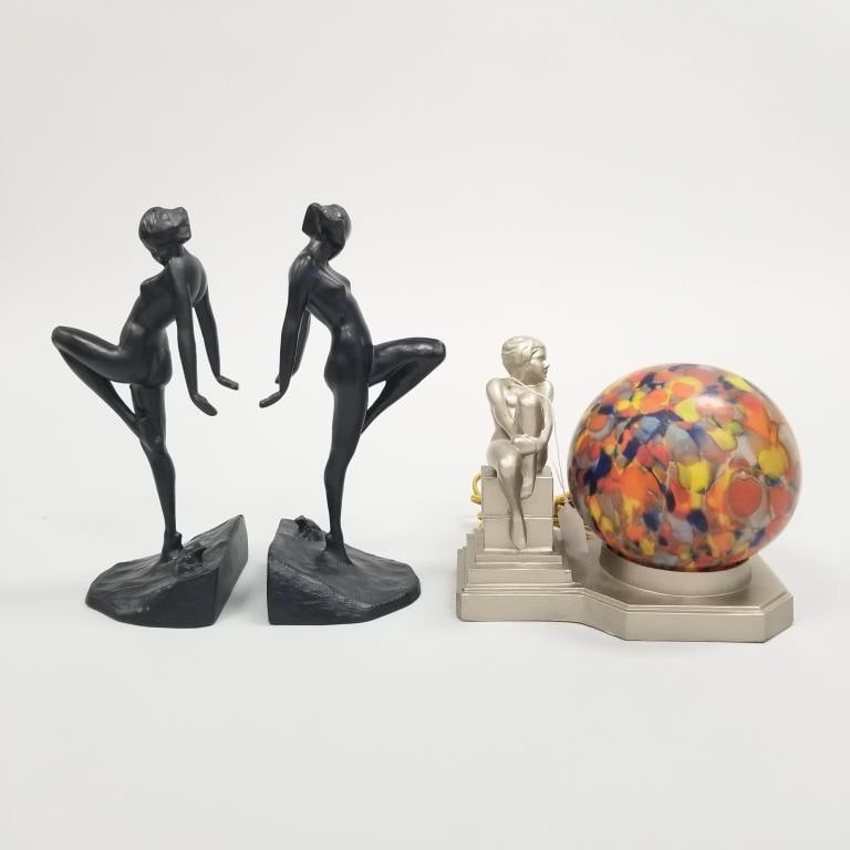NuArt figural lamp with glass globe & pair Frank art bookends- 1922 (unsigned, painted) 10"H 4"W 4"D (1 of 16)