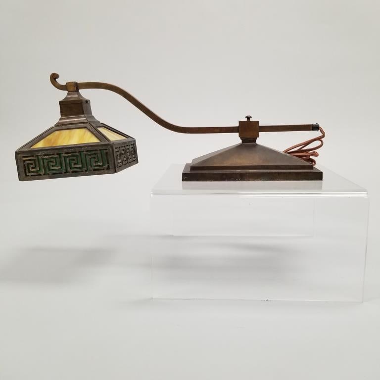Bradley & Hubbard slag glass piano lamp with Greek key design (shows some wear) 7 1/4"H 19"W 6 1/4"D (1 of 20)