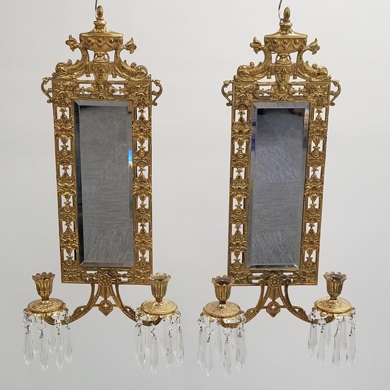 Pair matching Bradley & Hubbard brass candle sconces with dolphins & prisms- 21 1/2"H 10 3/4"W 4"D (1 of 20)