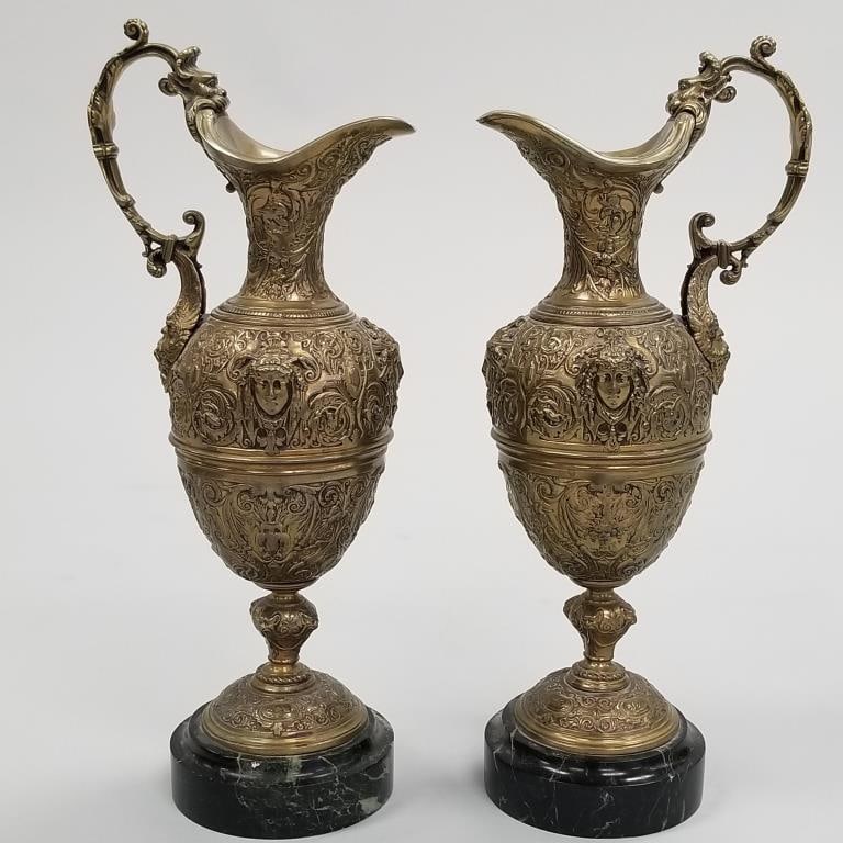 Pair matching bronze ewers with faces on marble bases- 16 1/4"H 6 3/4"W 5"D: Pair matching bronze ewers with faces on marble bases- 16 1/4"H 6 3/4"W 5"D