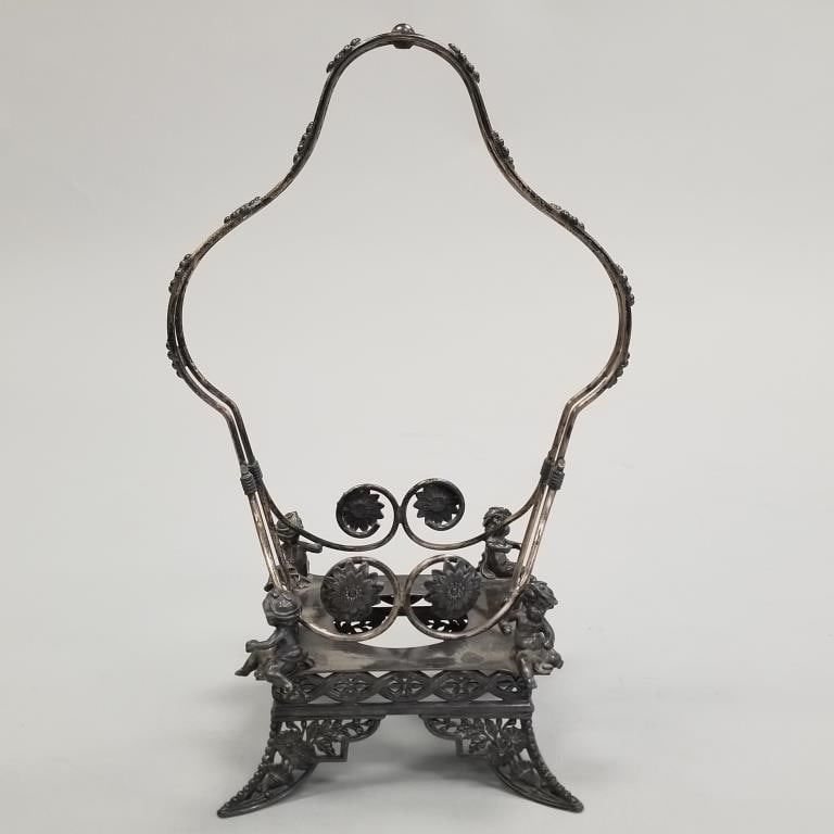 Pairpoint signed silverplate brides basket frame with cupids- 16"H 7 3/8"W 7 3/8"D: Pairpoint signed silverplate brides basket frame with cupids- 16"H 7 3/8"W 7 3/8"D