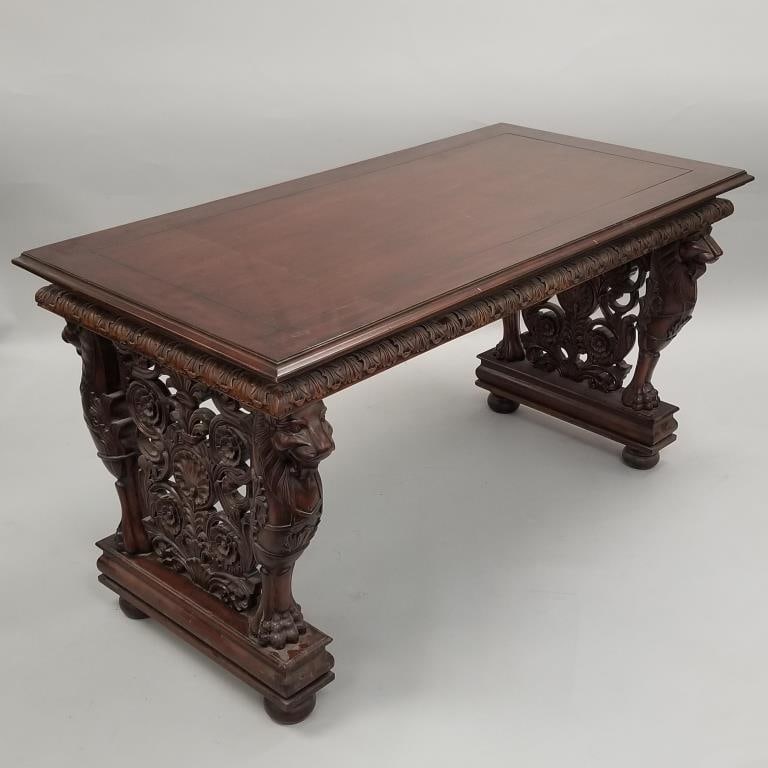 Mahogany antique style carved elaborately carved library table- 30 1/2"H 56"W 28 1/2"D (1 of 15)
