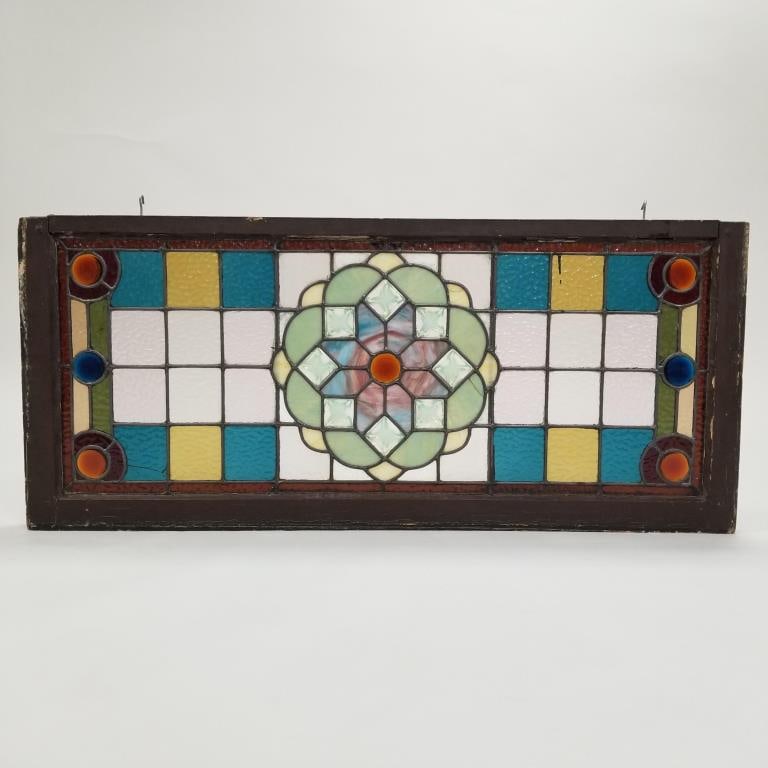 Victorian stained glass window with opalescent ice cube jewels (as seen- a few cracks) 19 1/8"H 43 (1 of 14)