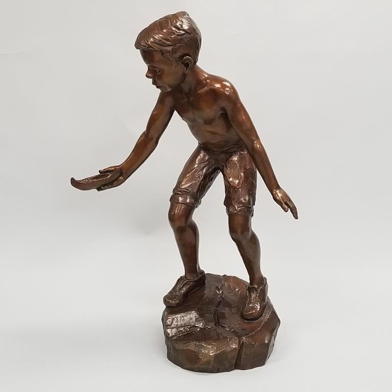 KR Bird signed cast bronze boy figure- limited edition 2/75- 42"H 28"W 17"D, approx 100 lbs.: KR Bird signed cast bronze boy figure- limited edition 2/75- 42"H 28"W 17"D, approx 100 lbs.
