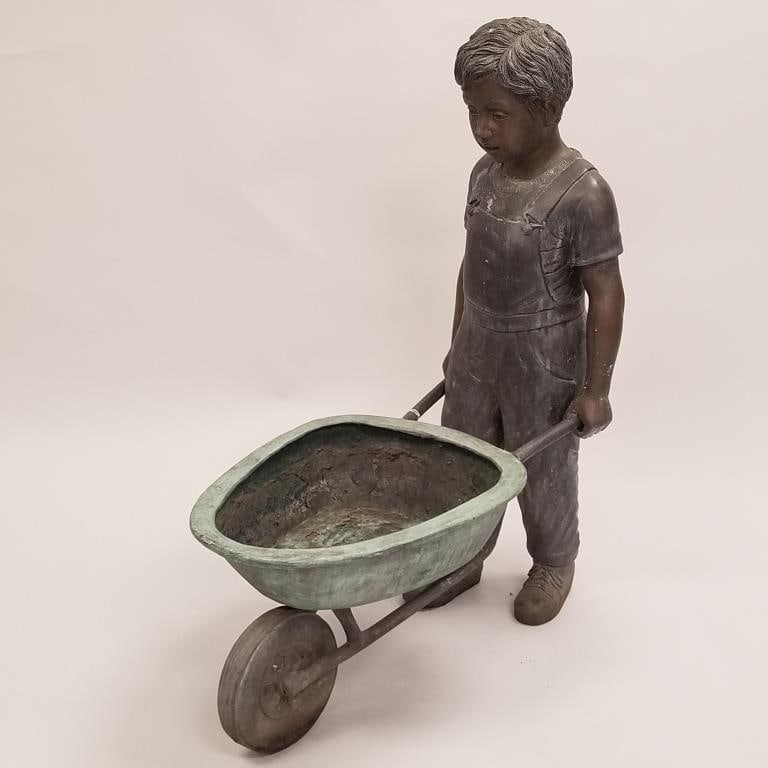 Bronze little boy with wheel barrow- 39"H 17"W 31"D, approx 100 lbs.: Bronze little boy with wheel barrow- 39"H 17"W 31"D, approx 100 lbs.