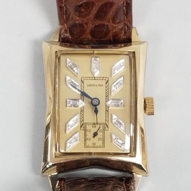 Vintage Hamilton men's gold filled wristwatch with diamond markers- 25x33mm with box- currently (1 of 16)