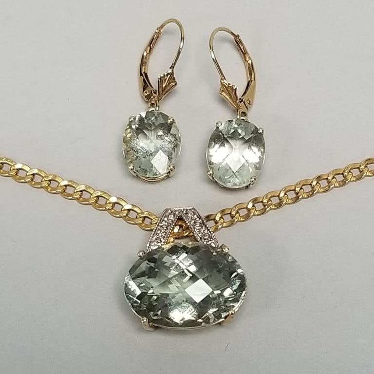 Set 14K gold & prasiolite jewelry: 18" necklace & pendant & earrings- 10.9g total: Set 14K gold & prasiolite jewelry: 18" necklace & pendant & earrings- 10.9g total