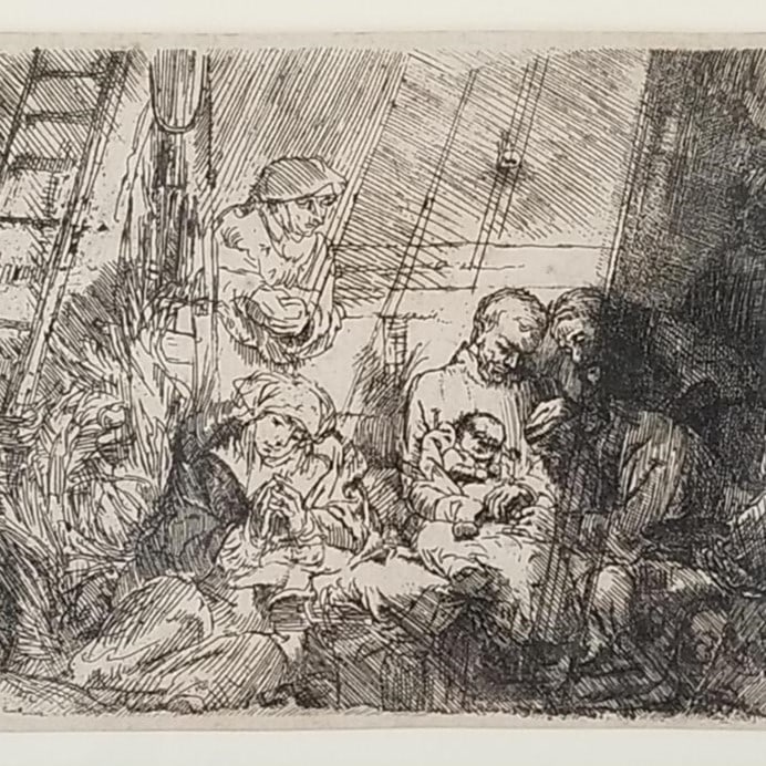Rembrandt etching "The Circumcision in the Stable" framed 12 3/4"H 14 3/4"W OD; approx. 4"H 5 3/4"W (1 of 8)