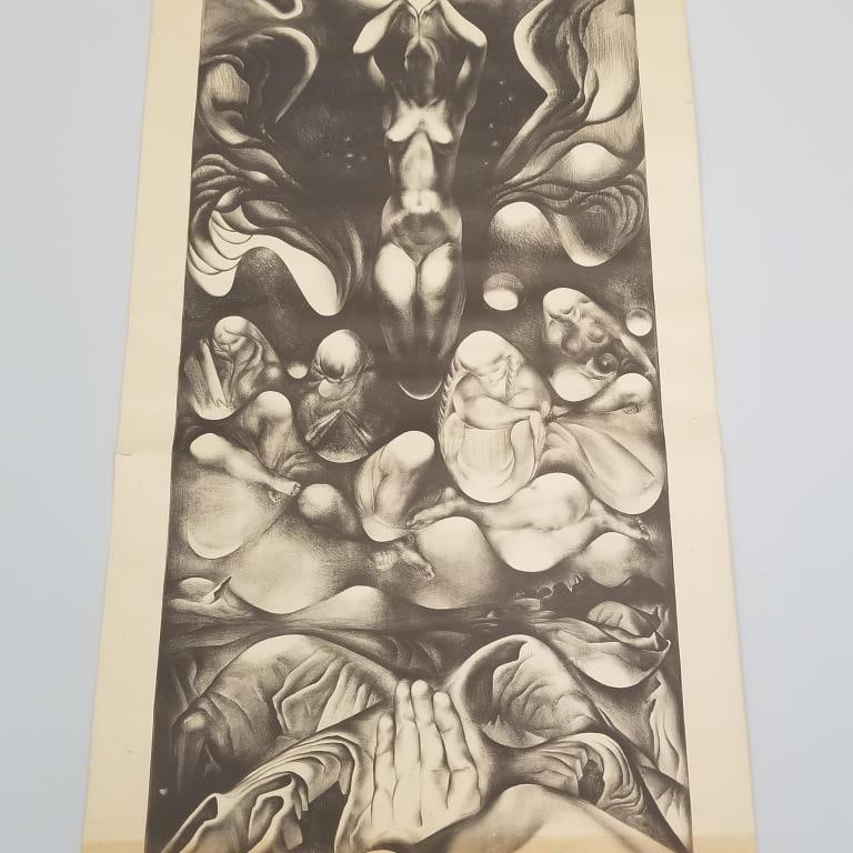 Ross Braught lithograph "Mnemosyne and the Four Muses" name & title printed (as is- tears, stains,: Ross Braught lithograph "Mnemosyne and the Four Muses" name & title printed (as is- tears, stains, etc.) 48"H 27"W unframed