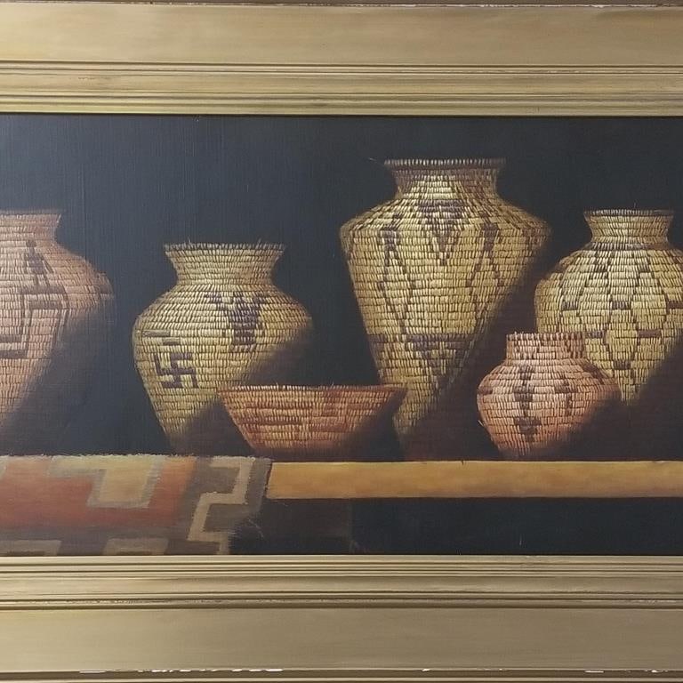 Carol L. Thompson signed oil painting on canvas "Woven Collection"- framed 19 3/8"H 31 1/4"W OD: Carol L. Thompson signed oil painting on canvas "Woven Collection"- framed 19 3/8"H 31 1/4"W OD (frame losses)