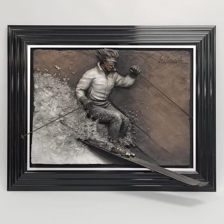 Bill Mack "Downhill Male" skier bonded bronze relief sculpture (minor wear to hands)- 40"H 50 1/4"W,: Bill Mack "Downhill Male" skier bonded bronze relief sculpture (minor wear to hands)- 40"H 50 1/4"W, approx 55 lbs.