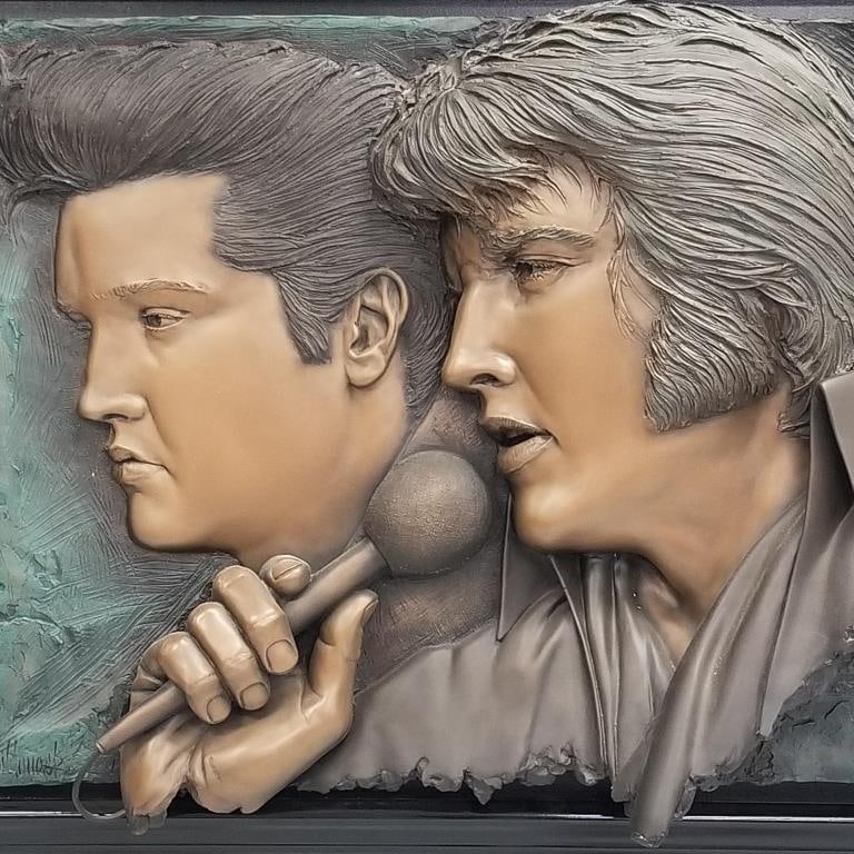 Bill Mack "Elvis, Elvis" bonded bronze relief sculpture- limited edition 42/50- 44"H 54"W, approx 65: Bill Mack "Elvis, Elvis" bonded bronze relief sculpture- limited edition 42/50- 44"H 54"W, approx 65 lbs.