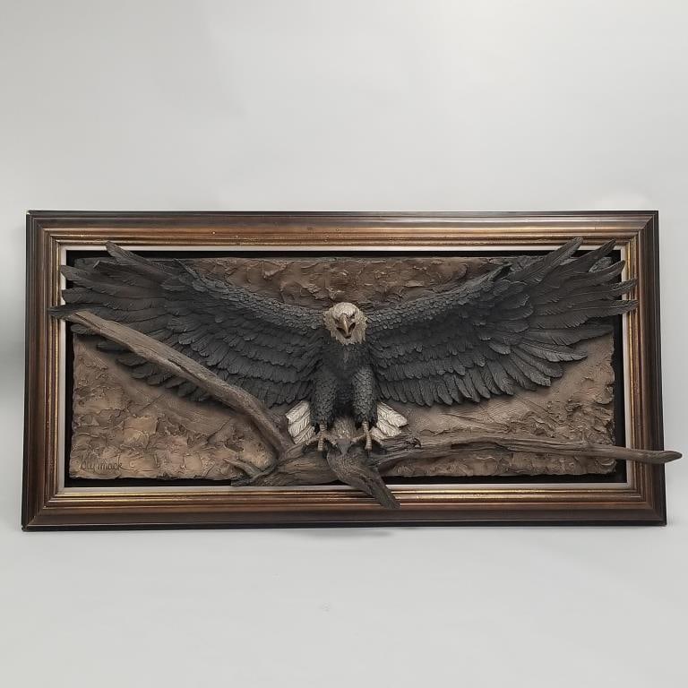Bill Mack "Freedom" bald eagle bonded bronze relief sculpture- 38 5/8"H 78 3/4"W, approx 110 lbs.: Bill Mack "Freedom" bald eagle bonded bronze relief sculpture- 38 5/8"H 78 3/4"W, approx 110 lbs.