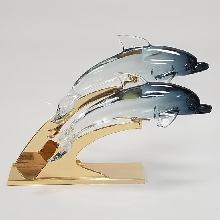 Large Murano glass- signed Andromeda dolphin sculpture on base (chip to one fin)- 24 1/2"H 36"W (1 of 15)
