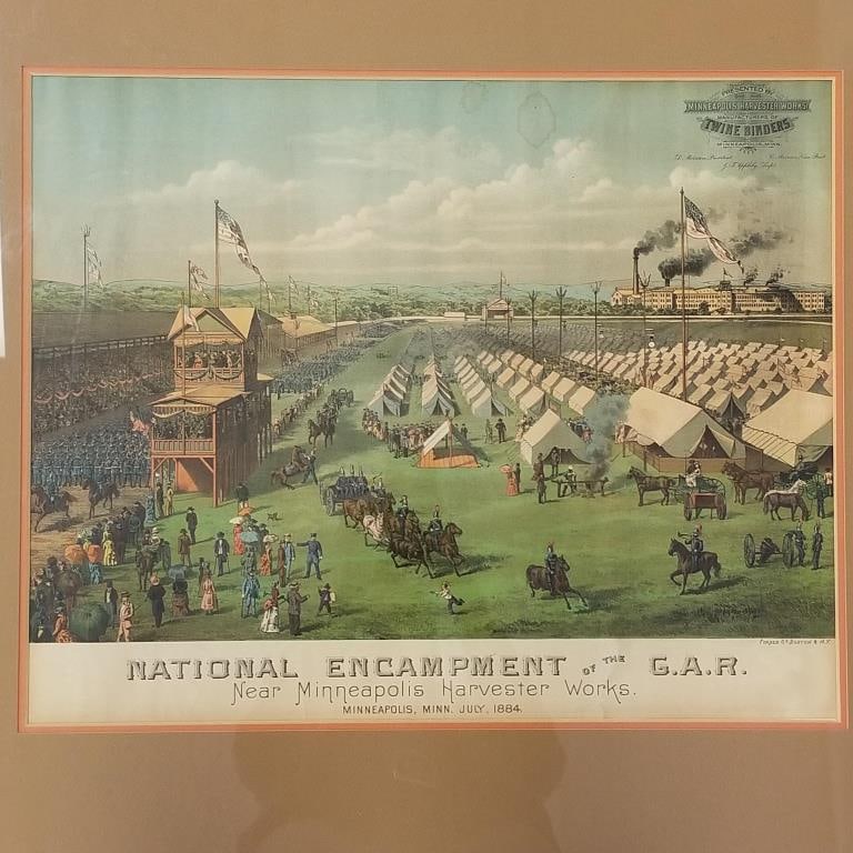 G.A.R. encampment chromolithograph with Twine advertising- Minneapolis Harvester Works 1884- 27"H (1 of 14)