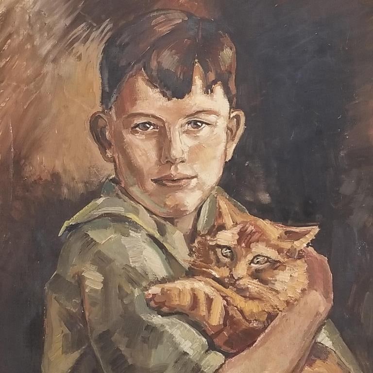 G. Powell Harding signed oil painting on board- boy with kitten- framed 30"H 25"W OD (1 of 13)