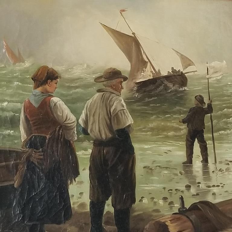 H. LaCroix signed oil painting on canvas- ship scene (as seen- craquelure)- framed 30 1/2"H 25 1/2"W (1 of 14)