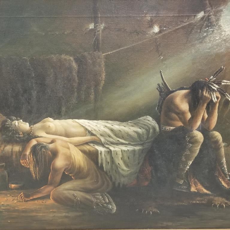 William A. Carson signed oil painting on canvas "Death of Minnehaha"- framed 35"H 47"W OD (small: William A. Carson signed oil painting on canvas "Death of Minnehaha"- framed 35"H 47"W OD (small canvas repair; some frame loss)