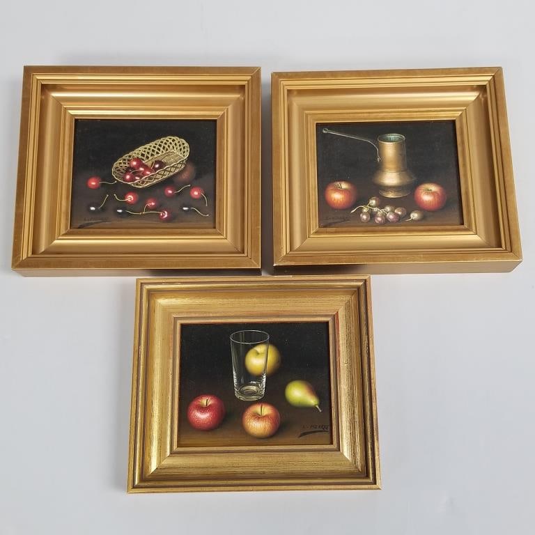 3- L.(Lima) Pizarro signed oil paintings on board- still life- two framed 8 1/8"H 9 5/16"W; one: 3- L.(Lima) Pizarro signed oil paintings on board- still life- two framed 8 1/8"H 9 5/16"W; one framed 7 5/8"H 8 3/4"W