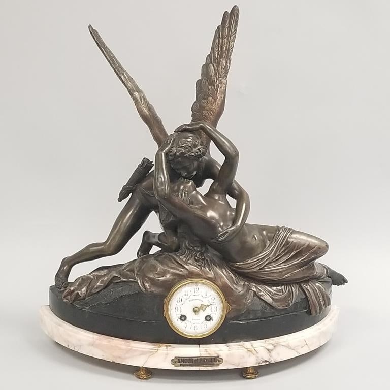 Antique spelter figural clock on marble base- Armour et Psyche after Canova - Blanchetiere Toulon (1 of 20)