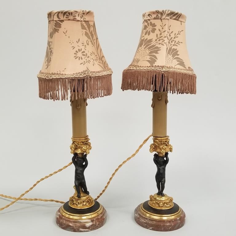 Pair of figural ormolu & bronze lamps- 15 1/4"H: Pair of figural ormolu & bronze lamps- 15 1/4"H