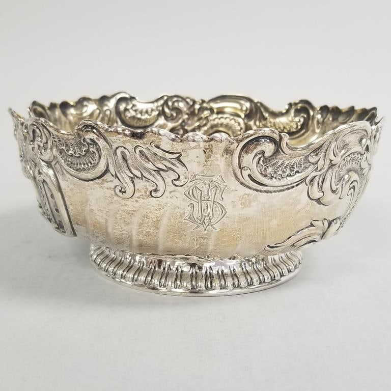 Sterling silver repousse bowl with monogram- 13 toz- 3 1/4"H 8 1/4"D: Sterling silver repousse bowl with monogram- 13 toz- 3 1/4"H 8 1/4"D