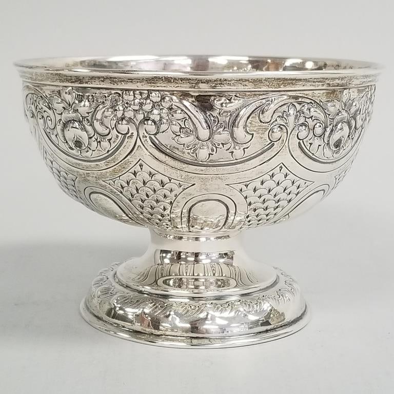 Hallmarked Birmingham sterling silver footed bowl- 1906-7; 15 toz- 5"H 7 1/4"D (1 of 11)